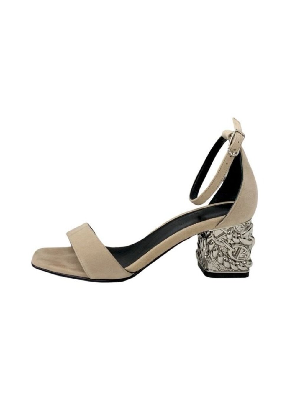 Hermes Gram 60 Sandals Shoes Suede Beige Silver Chaine D'ancre Metal Heel Strap - Picture 4 of 11